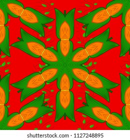 Top view, soft style. Scenic flower pattern on red, green and orange colors. Floral composition, hand painted, delicate template. Stylish invitation for valentines day and greeting card concept.