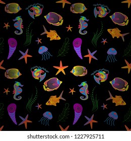 Top view, soft style seamless pattern. Scenic fish pattern in black, violet and orange colors. Fish hand painted pattern, delicate template. Stylish invitation for greeting card concept.