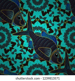 Top view, soft style seamless pattern. Scenic fish pattern in blue, green and black colors. Fish hand painted pattern, delicate template. Stylish invitation for Valentines day, greeting card concept.