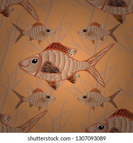 Top view, soft style seamless pattern. Fish hand painted pattern, delicate template. Scenic fish pattern in orange, beige and brown colors. Stylish invitation for Valentines day, greeting card concept