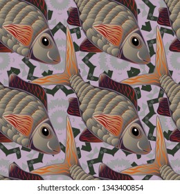 Top view, soft style seamless pattern. Fish hand painted pattern, delicate template. Stylish invitation for Valentines day, greeting card concept. Scenic fish pattern in violet, gray and brown colors.