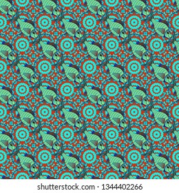 Top view, soft style seamless pattern. Scenic fish pattern in green, orange and blue colors. Fish hand painted pattern, delicate template. Stylish invitation for Valentines day, greeting card concept.