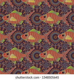 Top view, soft style seamless pattern. Scenic fish pattern in brown, beige and gray colors. Stylish invitation for Valentines day, greeting card concept. Fish hand painted pattern, delicate template.