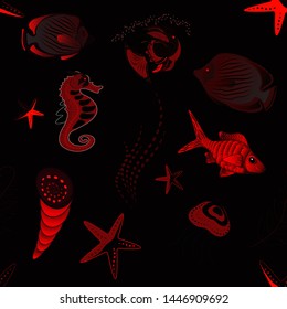 Top view, soft style seamless pattern. Scenic fish pattern in black, red and brown colors. Stylish invitation for Valentines day, greeting card concept. Fish hand painted pattern, delicate template.