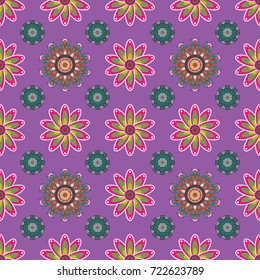 Top view, soft style. Stylish invitation for valentines day and greeting card concept. Scenic flower pattern on purple, magenta and green colors. Floral composition, hand painted, delicate template.