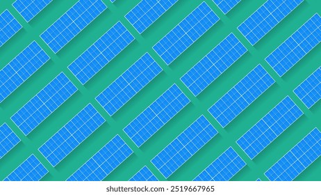 Vista de cima de painéis solares instalados em uma superfície verde, formando um padrão geométrico