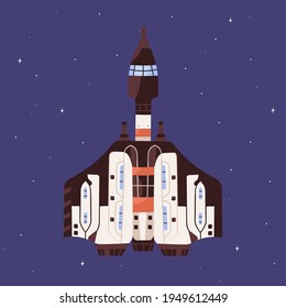 Top view of spaceship flying in outer space. Futuristic spacecraft on starry sky background. Cosmos flight of intergalactic shuttle. Colored flat vector illustration of cosmic transport