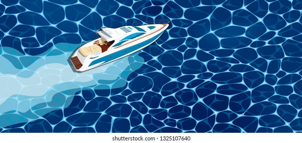 Top view speed boat on water poster. Luxury yacht race, sea regatta poster vector illustration. Nautical worldwide yachting or speedboat tour promotion layout.