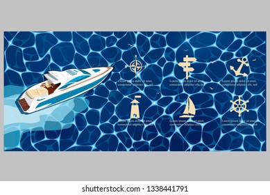 Top view speed boat on water poster. Luxury yacht race, sea regatta poster vector illustration. Nautical worldwide yachting or speedboat tour promotion layout.