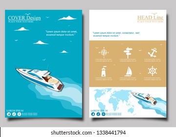 Top view speed boat on water poster. Luxury yacht race, sea regatta posters set vector illustration. Nautical worldwide yachting or speedboat tour promotion layout.