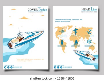 Top view speed boat on water poster. Luxury yacht race, sea regatta posters set vector illustration. Nautical worldwide yachting or speedboat tour promotion layout.