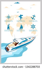 Top view speed boat on water poster. Luxury yacht race, sea regatta poster vector illustration. Nautical worldwide yachting or speedboat tour promotion layout.