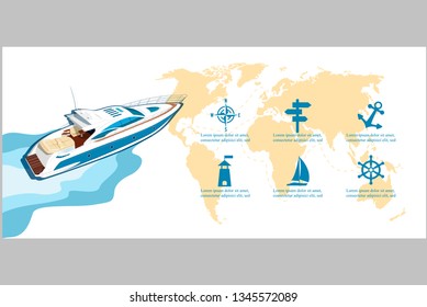 Top view speed boat on water poster. Luxury yacht race, sea regatta poster vector illustration. Nautical worldwide yachting or speedboat tour promotion layout.