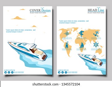 Top view speed boat on water poster. Luxury yacht race, sea regatta posters set vector illustration. Nautical worldwide yachting or speedboat tour promotion layout.