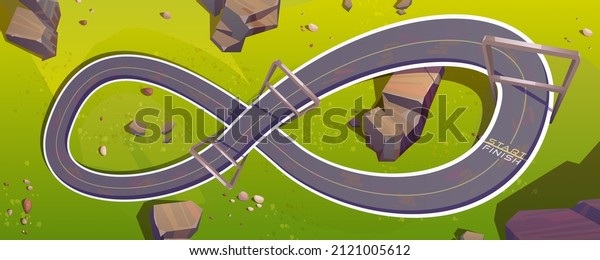 Top\
view of speed race car track on green hill for game background.\
Vector cartoon illustration of circuit road in shape of infinity\
sign for auto rally competition. Loop racetrack\
map