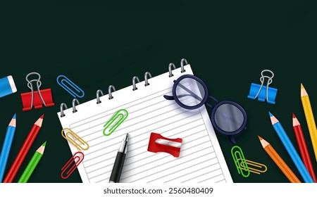 A top view of a spiral notebook with lined pages, surrounded by colorful paper clips, pencils, a pen, glasses, and a pencil sharpener on a dark background.