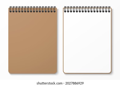 Top view spiral notebook with space for your image or text isolated on white background for mockup. Horizontal spiral. Design concept. Vector illustration.