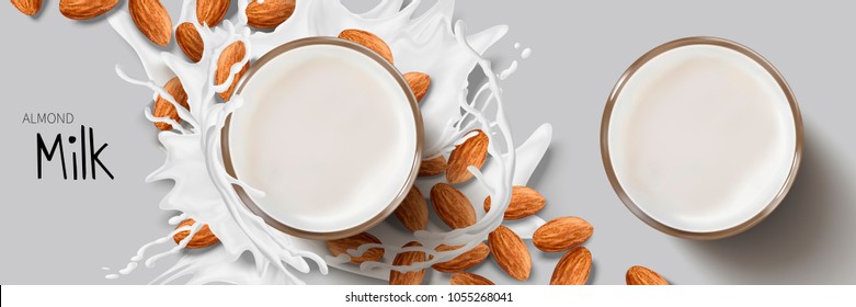 Top View Of Splashing Milk Around Glass Cup And Almond Seeds In 3d Illustration