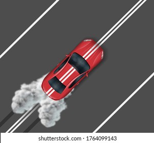 Top View Of Sports Car On Asphalt Road. Red Auto Driving On The Median Strip. Background For Banner, Brochure, Flyer, Advertising Booklet