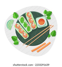 Vista superior de los rollos primaverales con verduras, salsa y camarón diseño vectorial de dibujos animados