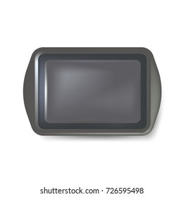 Top view of square black plate. Empty plastic tray. Metal tray salver with Handles.  isolated on white background. Vector illustration. Eps 10.