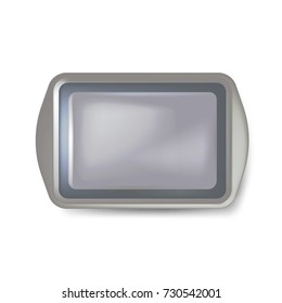 Top View Of Square Black Plate. Empty Plastic Tray. Metal Tray Salver With Handles.  Isolated On White Background. Vector Illustration. Eps 10.