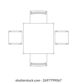 Top view of a square dining set consisting of one square table accompanied by two chairs and two stools arranged symmetrically on each side. This layout highlights a compact yet versatile setup suitab