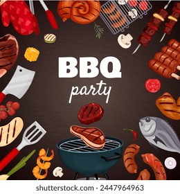 Top view square frame with grilled meat and vegetables. Vector illustration. Cartoon design. Grill restaurant menu design template. Grilled food.