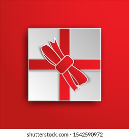 Top view of square white gift box with red ribbon bow isolated on red background, paper cut art style.