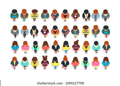 Top view standing people, cartoon man and woman vector collection isolated. Illustration of female and male character