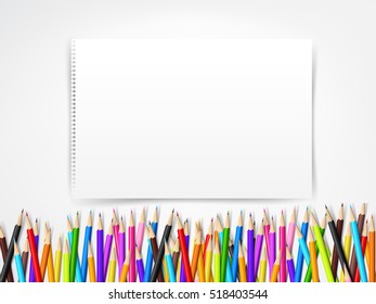 Top View Of Stationary Blank Paper And Color Pencil With Copy Space On White Background Vector Illustration Eps 10