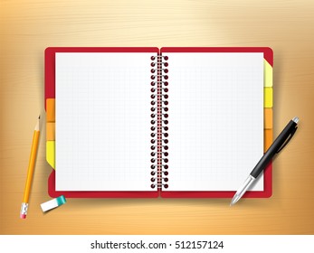 Top view of stationary pen pencil eraser notebook on wooden background vector illustration eps10