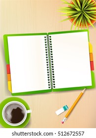 Top view of stationary pen pencil eraser green cover notebook and coffee cup with copy space on wooden background vector illustration  eps 10
