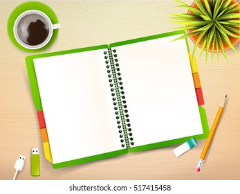 Top view of stationary pen pencil eraser green cover notebook and coffee cup with copy space on wooden background vector illustration  eps 10
