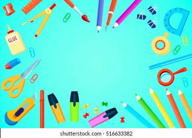 Top view stationery template with colorful office supplies on turquoise background vector illustration 