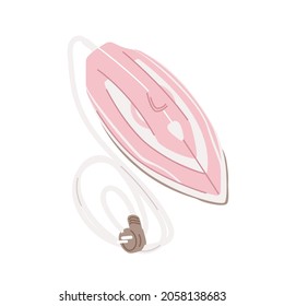 Top view of steam iron press with cord and plug isolated on white background. Domestic household electric appliance. Colorful graphic flat vector illustration.