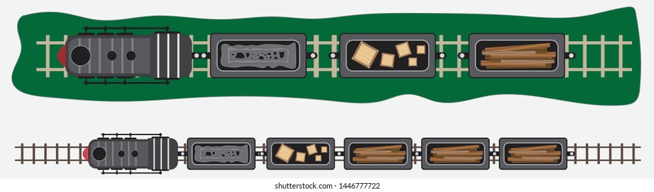 top view of steam locomotive and cargo car train