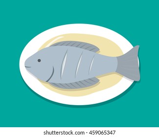 Top View Steamed Fish On White Plate, Vector Food