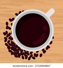 Top View of a Steaming Cup of Coffee Surrounded by Scattered Coffee Beans on a Wooden Surface. Ideal for Breakfast and Coffee Shop Themes. Illustration, Vector.