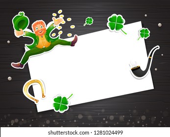 Top view of sticker style happy leprechaun man character with festival elements and blank paper for your message. St. Patrick's Day poster or banner design.