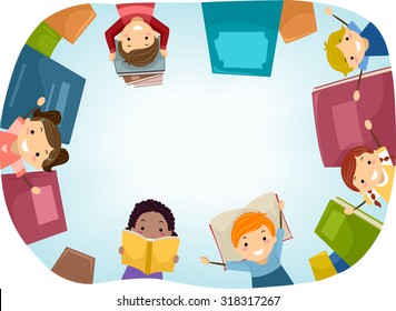 Top View Stickman Illustration of Kids Surrounded by Books