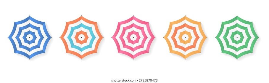 Top view of stiped beach umbrellas, for use in summer vacation brochures, beach resort advertisements, and holiday travel graphics