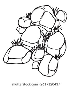 Top view stone pavement with grass, hand drawn. architectural ink drawing, vector.	