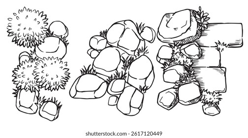 Top view stone pavement with grass and bushes, hand drawn. architectural ink drawing, vector.	