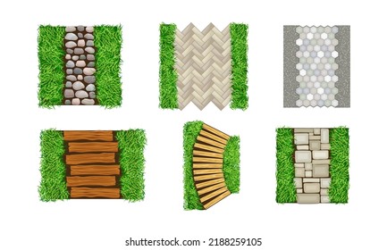 Top view of stone and wooden winding pathways set vector illustration