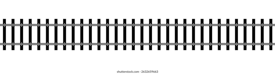Top view of straight railway isolated on white background. Direct railroad track with rails and ties. Transportation infographic. Seamless vector illustration.