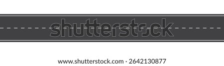 Top view of straight road. Black direct road with dashed center lines isolated on white background. Straight race track. Two-lane asphalt highway. Seamless vector illustration.