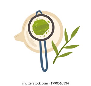 Vista superior de cepillado con polvo matcha sobre tetera. Haciendo té verde japonés. Bebida orgánica saludable de hojas de macha asiáticas. Ilustración vectorial plana coloreada aislada en fondo blanco