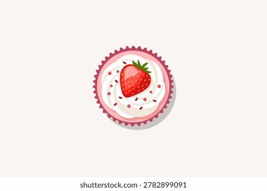 Top view of strawberry cupcake with whipped cream frosting and fresh whole strawberry topping vector illustration