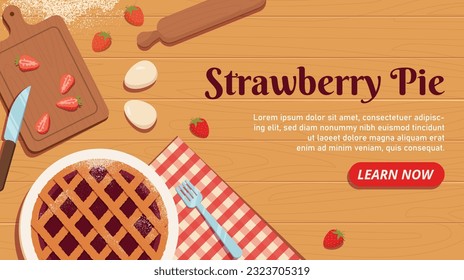 Top view of strawberry pie concept. Homemade food, flour products and bakery. Dessert and delicacy. Landing page design. Cooking and preparation stage. Cartoon flat vector illustration